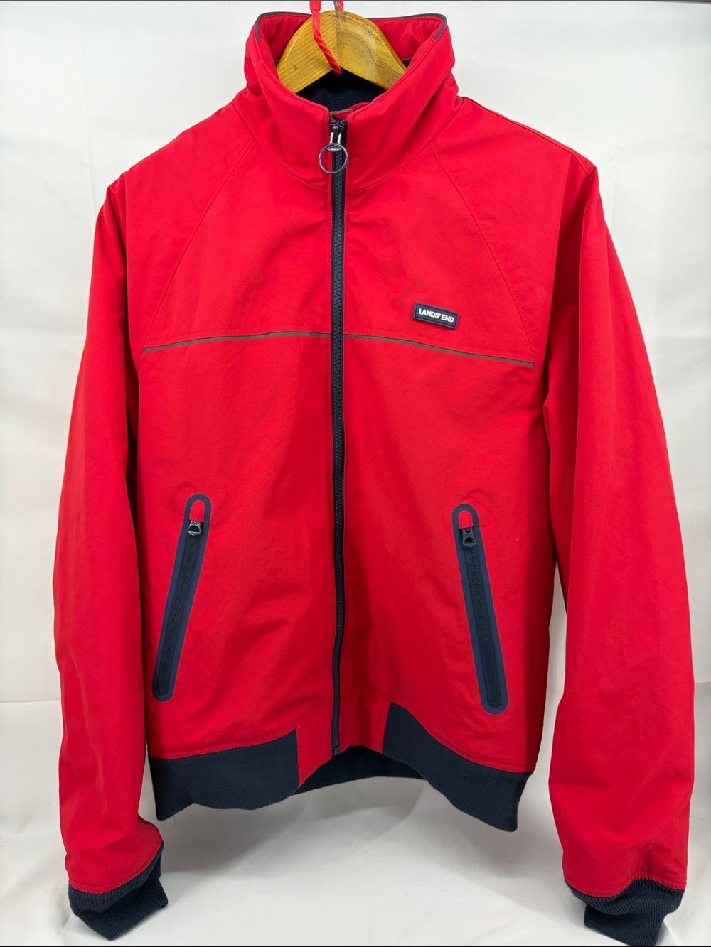 Lands End Mens Classic Squall Bomber Jacket in Dark Red w/ Navy, Fleece Lined, S